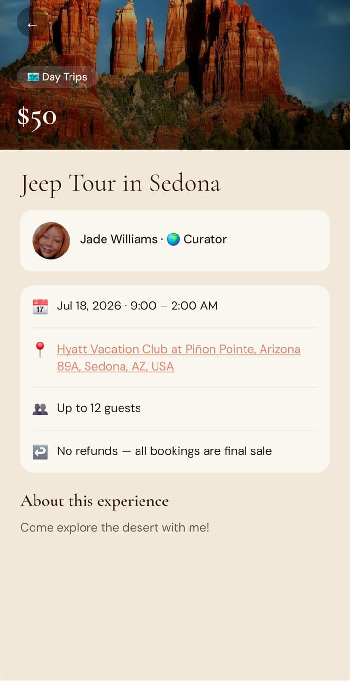 Viamour experience detail: a Jeep Tour in Sedona hosted by a Curator
